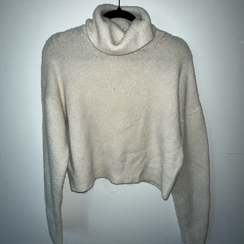 Cream Turtleneck Long Sleeve Crop Top